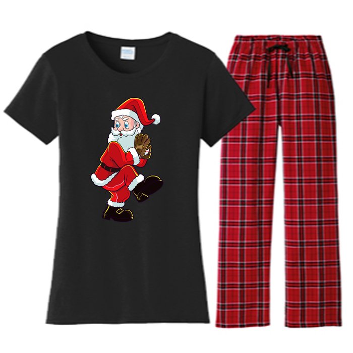 Christmas Baseball Santa Claus Pitcher Boy Xmas Women's Flannel Pajama Set