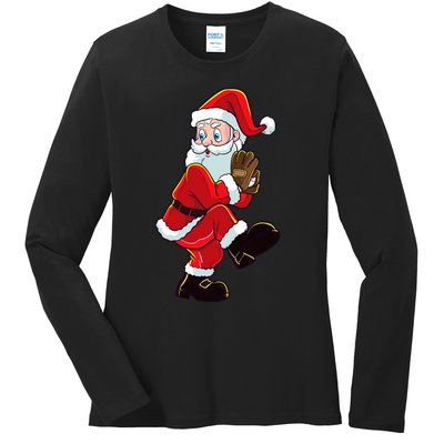 Christmas Baseball Santa Claus Pitcher Boy Xmas Ladies Long Sleeve Shirt