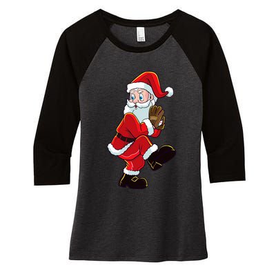 Christmas Baseball Santa Claus Pitcher Boy Xmas Women's Tri-Blend 3/4-Sleeve Raglan Shirt