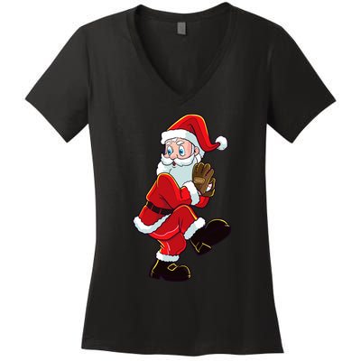 Christmas Baseball Santa Claus Pitcher Boy Xmas Women's V-Neck T-Shirt