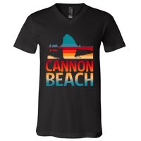 Cannon Beach Skyline Oregon Haystack Rock Souvenir V-Neck T-Shirt