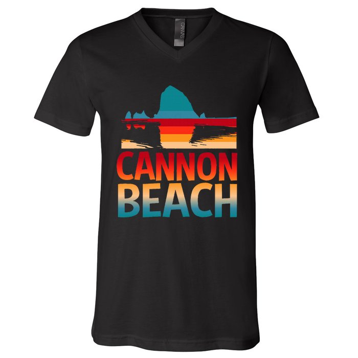 Cannon Beach Skyline Oregon Haystack Rock Souvenir V-Neck T-Shirt