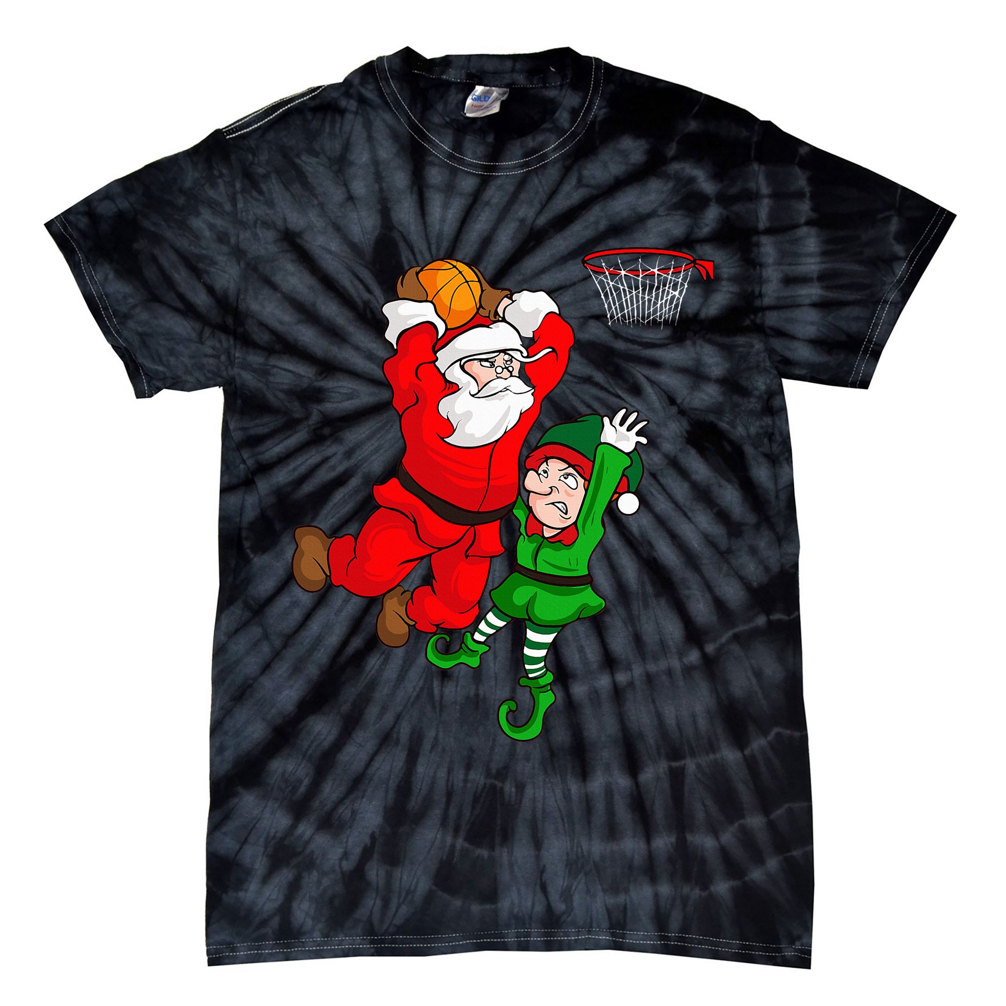 Christmas Basketball Santa Claus Slam Dunk Elf Tie-Dye T-Shirt