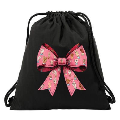 Coquette Bow Sign Language Asl Deaf Teacher Interpreter Mom Drawstring Bag
