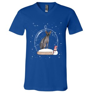 Christmas Black Sphynx Cat Snow Globe Funny Gift Xmas V-Neck T-Shirt