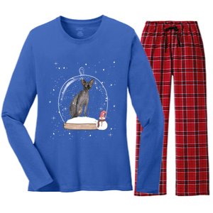 Christmas Black Sphynx Cat Snow Globe Funny Gift Xmas Women's Long Sleeve Flannel Pajama Set 