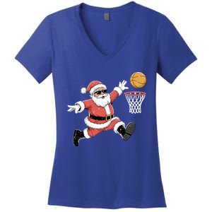 Christmas Basketball Santa Claus Dunking Funny Humor Cool Gift Women's V-Neck T-Shirt