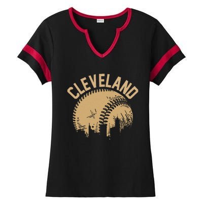 Cleveland Baseball Skyline Ohio Player Coach Fan Ladies Halftime Notch Neck Tee