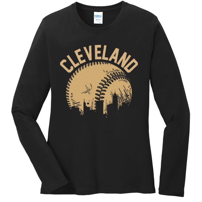 Cleveland Baseball Skyline Ohio Player Coach Fan Ladies Long Sleeve Shirt