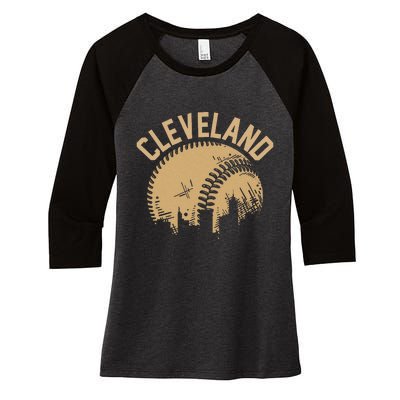 Cleveland Baseball Skyline Ohio Player Coach Fan Women's Tri-Blend 3/4-Sleeve Raglan Shirt