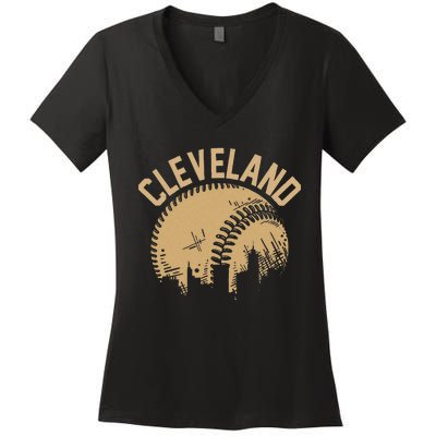 Cleveland Baseball Skyline Ohio Player Coach Fan Women's V-Neck T-Shirt