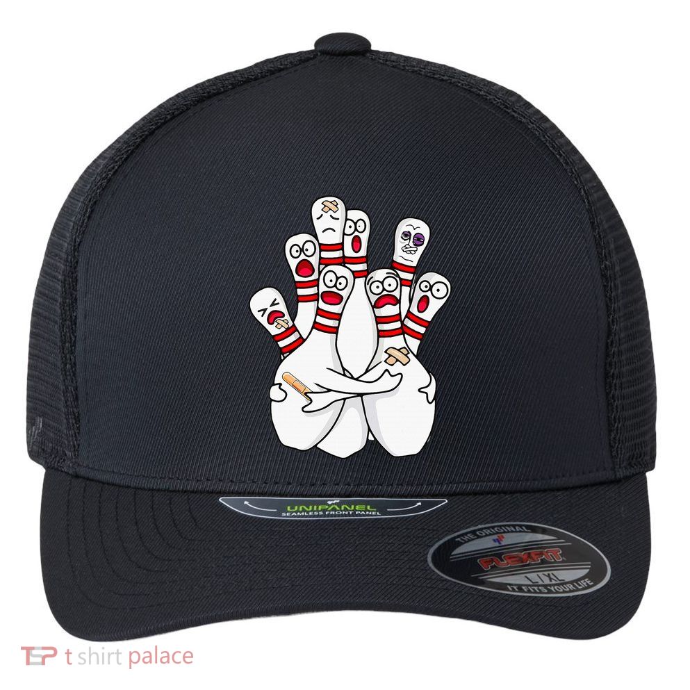 Cartoon Bowling Scared Bowling Pins Funny Sport Bowler Flexfit Unipanel Trucker Cap
