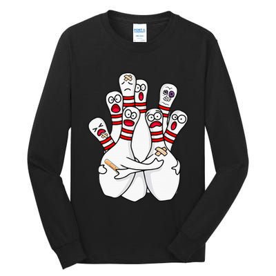 Cartoon Bowling Scared Bowling Pins Funny Sport Bowler Tall Long Sleeve T-Shirt