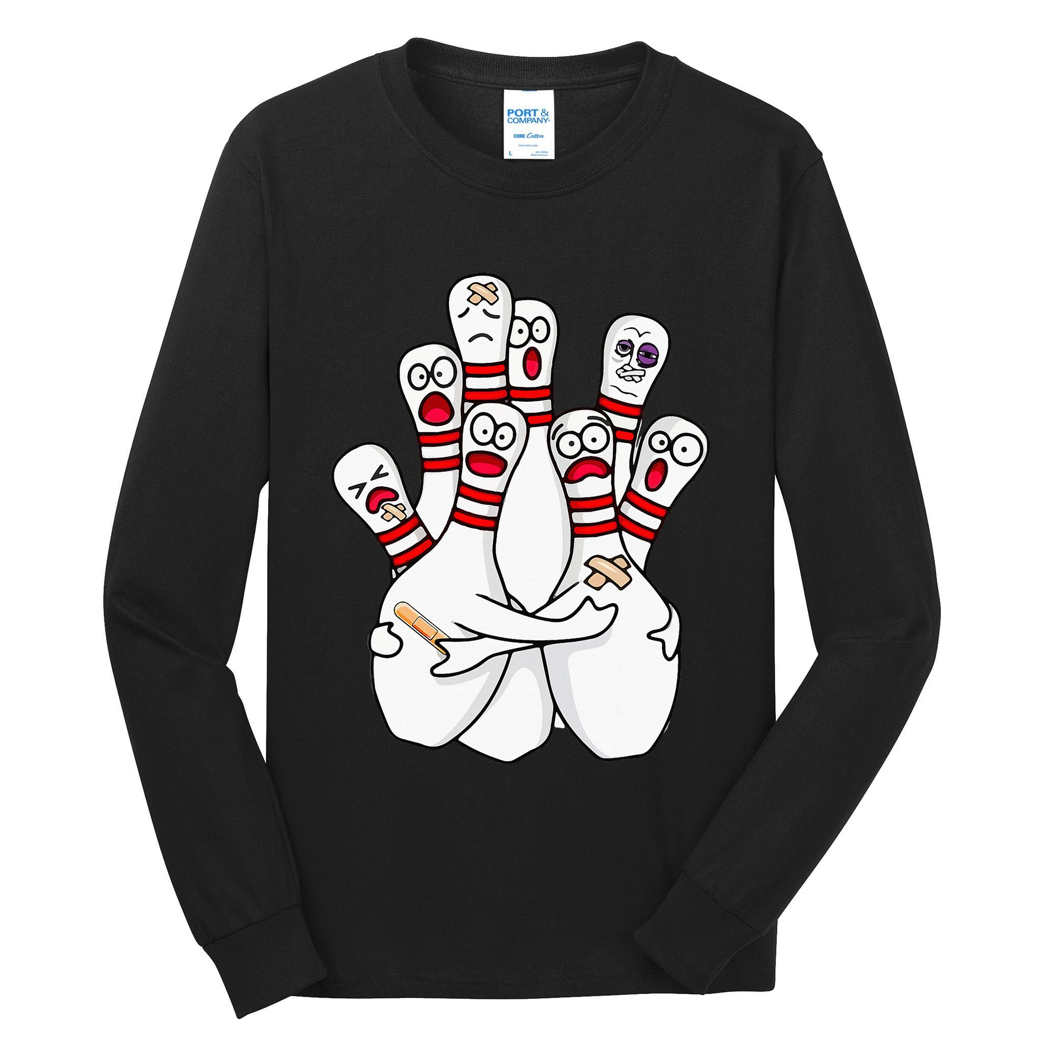 Cartoon Bowling Scared Bowling Pins Funny Sport Bowler Tall Long Sleeve T-Shirt