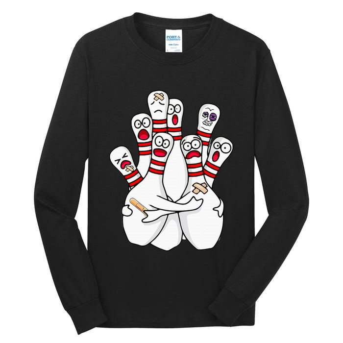 Cartoon Bowling Scared Bowling Pins Funny Sport Bowler Tall Long Sleeve T-Shirt