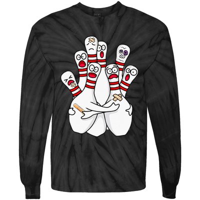 Cartoon Bowling Scared Bowling Pins Funny Sport Bowler Tie-Dye Long Sleeve Shirt