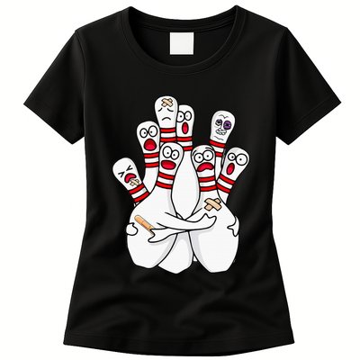 Cartoon Bowling Scared Bowling Pins Funny Sport Bowler Womens T-Shirt