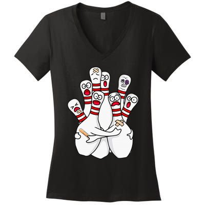 Cartoon Bowling Scared Bowling Pins Funny Sport Bowler Women's V-Neck T-Shirt