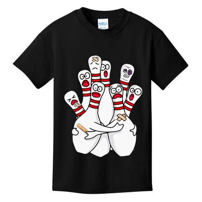 Cartoon Bowling Scared Bowling Pins Funny Sport Bowler Kids T-Shirt