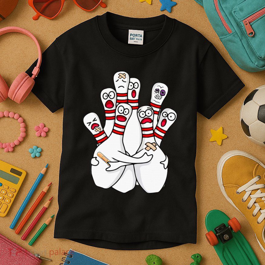 Cartoon Bowling Scared Bowling Pins Funny Sport Bowler Kids T-Shirt