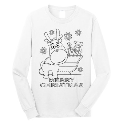 Coloring Book Style Blank Merry Christmas Tree Reindeer Long Sleeve Shirt