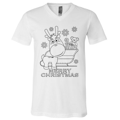 Coloring Book Style Blank Merry Christmas Tree Reindeer V-Neck T-Shirt