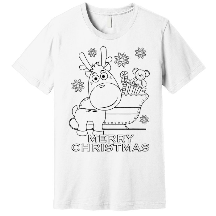 Coloring Book Style Blank Merry Christmas Tree Reindeer Premium T-Shirt