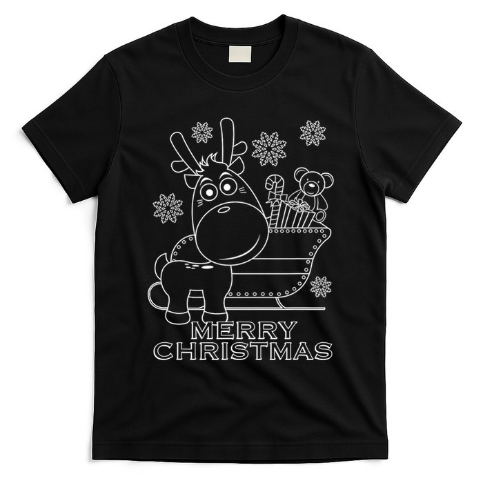 Coloring Book Style Blank Merry Christmas Tree Reindeer T-Shirt