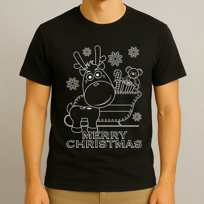 Coloring Book Style Blank Merry Christmas Tree Reindeer T-Shirt