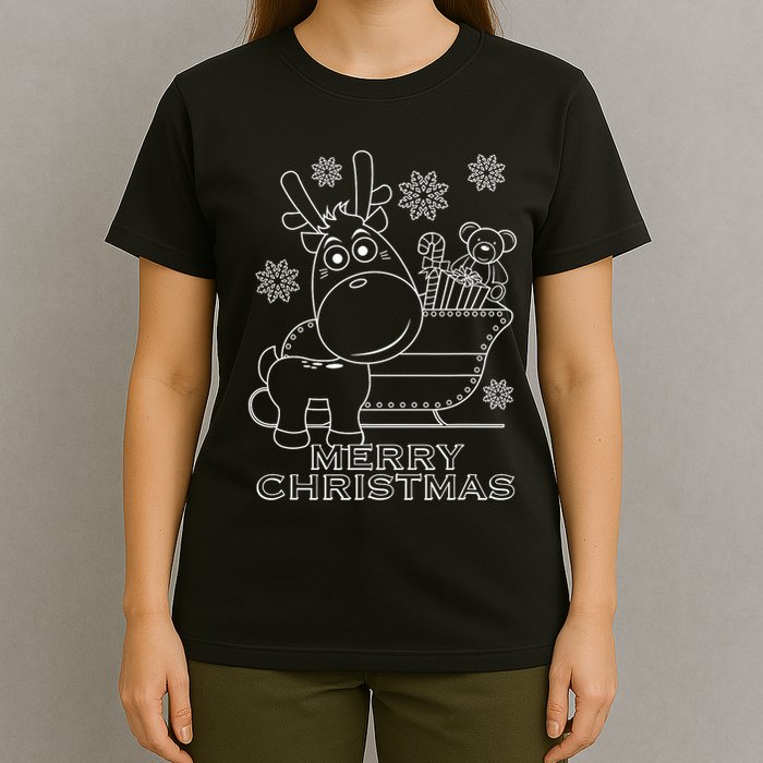 Coloring Book Style Blank Merry Christmas Tree Reindeer T-Shirt