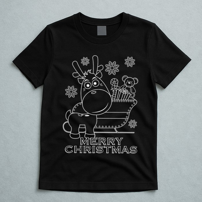 Coloring Book Style Blank Merry Christmas Tree Reindeer T-Shirt