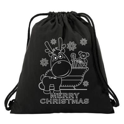 Coloring Book Style Blank Merry Christmas Tree Reindeer Drawstring Bag
