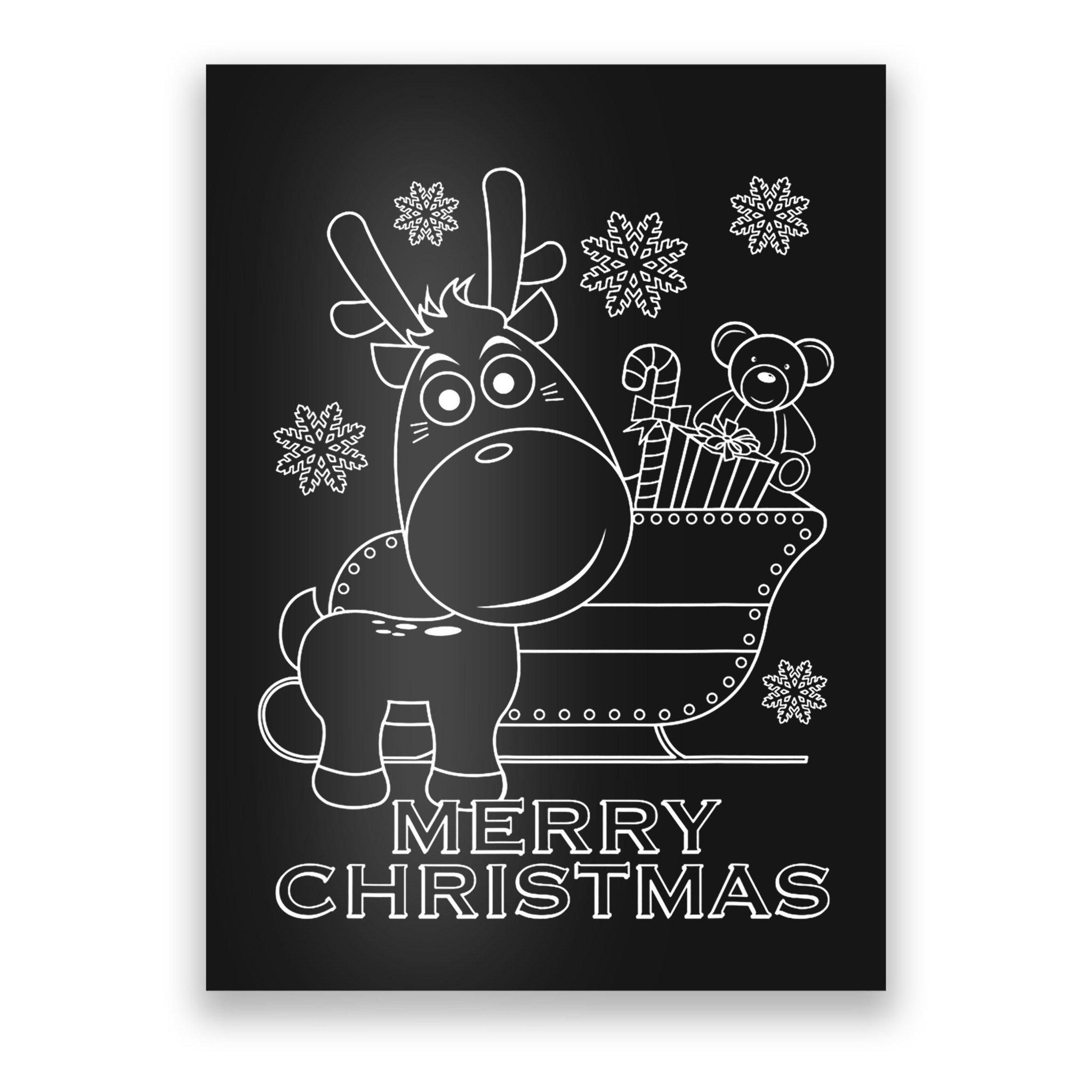 Coloring Book Style Blank Merry Christmas Tree Reindeer Poster