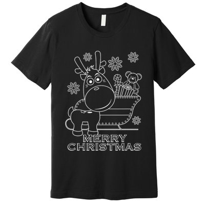 Coloring Book Style Blank Merry Christmas Tree Reindeer Premium T-Shirt