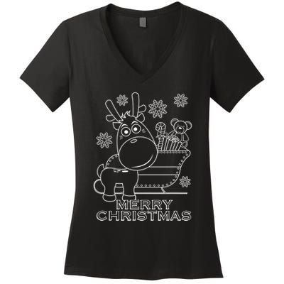 Coloring Book Style Blank Merry Christmas Tree Reindeer Women's V-Neck T-Shirt
