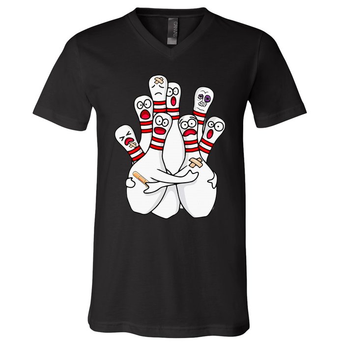 Cartoon Bowling Scared Bowling Pins Funny Sport Bowler V-Neck T-Shirt