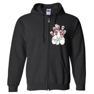 Cartoon Bowling Scared Bowling Pins Funny Sport Bowler Full Zip Hoodie