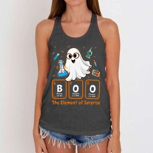 Chemistry Boo The Element Of Surprise Funny Periodic Table Women's Knotted Racerback Tank