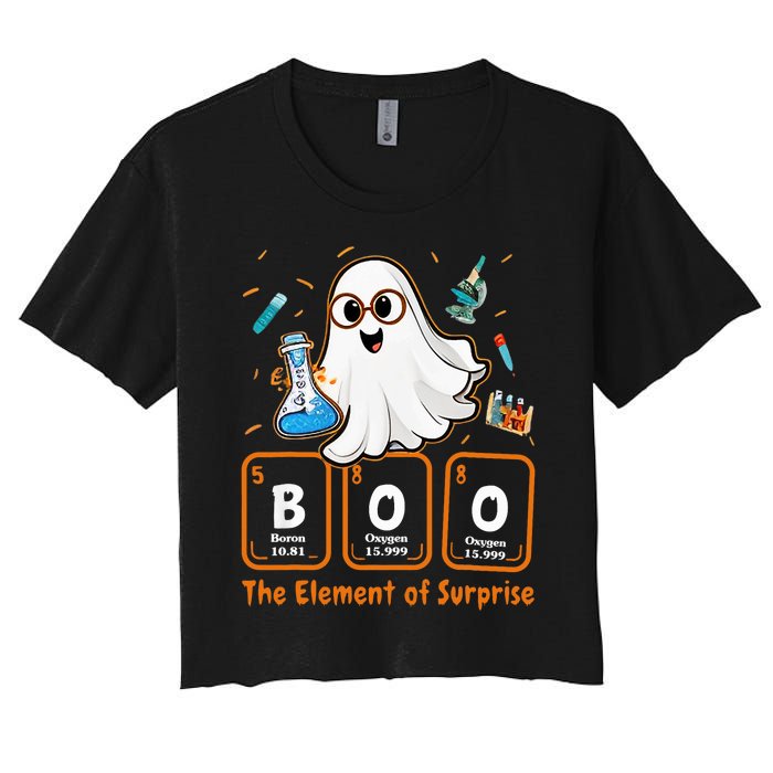 Chemistry Boo The Element Of Surprise Funny Periodic Table Women's Crop Top Tee