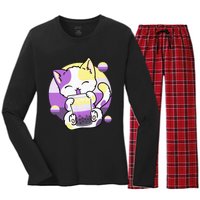 Cat Boba Tea Bubble Tea Anime Kawaii Neko Women's Long Sleeve Flannel Pajama Set 