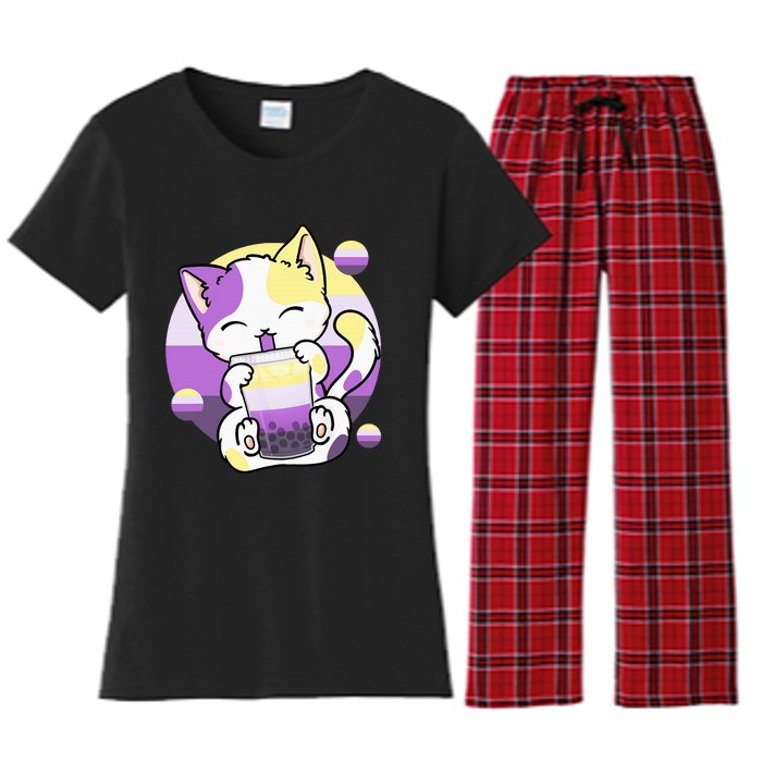 Cat Boba Tea Bubble Tea Anime Kawaii Neko Women's Flannel Pajama Set