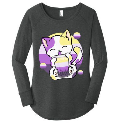 Cat Boba Tea Bubble Tea Anime Kawaii Neko Women's Perfect Tri Tunic Long Sleeve Shirt