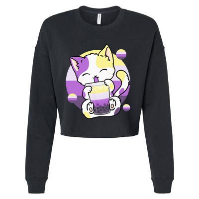 Cat Boba Tea Bubble Tea Anime Kawaii Neko Cropped Pullover Crew