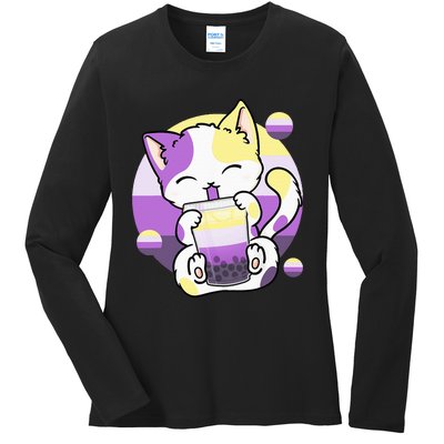 Cat Boba Tea Bubble Tea Anime Kawaii Neko Ladies Long Sleeve Shirt