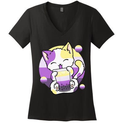 Cat Boba Tea Bubble Tea Anime Kawaii Neko Women's V-Neck T-Shirt