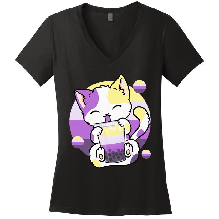 Cat Boba Tea Bubble Tea Anime Kawaii Neko Women's V-Neck T-Shirt