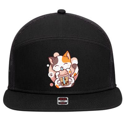 Cat Boba Tea Bubble Tea Anime Kawaii Neko 7 Panel Mesh Trucker Snapback Hat