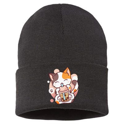 Cat Boba Tea Bubble Tea Anime Kawaii Neko Sustainable Knit Beanie