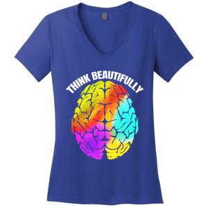 Colorful Brain Think Beautifully Lgbtq Pride Month Gift Women's V-Neck T-Shirt