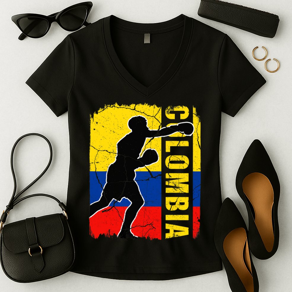 Colombian Boxing Team Colombia Flag Boxing Gloves Women's V-Neck T-Shirt